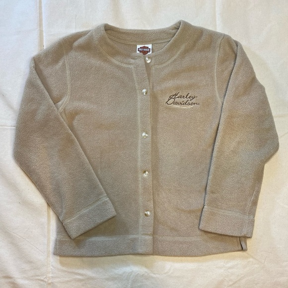 Harley-Davidson Sweaters - Vintage Y2K Harley-Davidson Beige Fleece Cardigan Button Front Embroidered Small